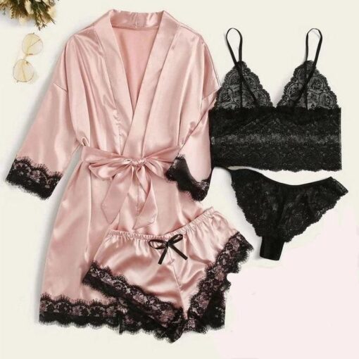 Lace Trim Satin 4pcs Pajamas Set - Pink stripes